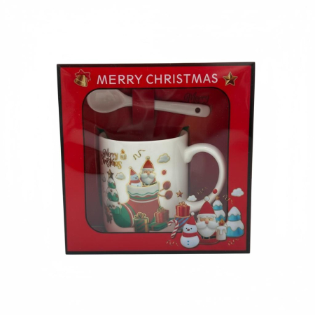 Cani tematice Craciun Engros - Set Cana Ceramica cu Lingurita, Tematica de Craciun, în Cutie Cadou – 14x14x8.5cm