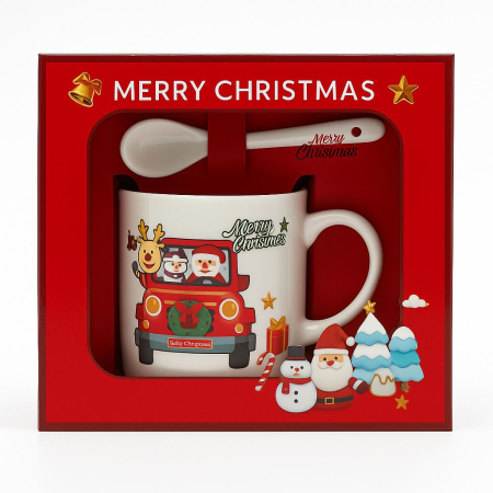 Cani tematice Craciun Engros - Set Cana Ceramica cu Lingurita, Tematica de Craciun, în Cutie Cadou – 14x14x8.5cm