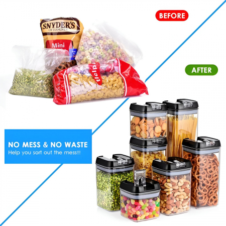 Set Cutii de Depozitare a Alimentelor, , 7 Recipiente, 10 Etichete Reutilizabile, 4 Linguri, pentru Bucatarie, Spatula, Etansare, Fara BPA, Transparente, Capac Negru [4]