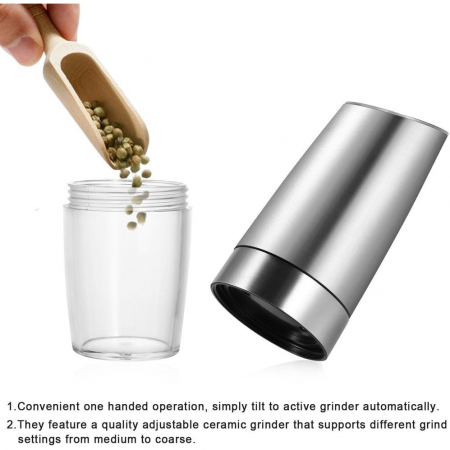 Set de 2 Rasnite electrice de Sare si Piper, , cu Camere Depozitare Transparente, Macinare, Functionare pe Baterii, cu Lumina, ABS, 20x6.5 cm, Argintiu/Transparent [3]