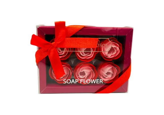 Aranjamente florale Engros - Set de 6 trandafiri din sapun in cutie eleganta cu funda rosie, 15x11x5cm– Ideal pentru vanzare 