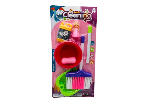 Set de curatenie pentru fetite, cu papusica, multicolor, 47.5×23cm, +3ani,   Jucarii de rol, scule si unelte Engros - Set de curatenie pentru fetite, cu papusica, multicolor, 47.5×23cm, +3ani,