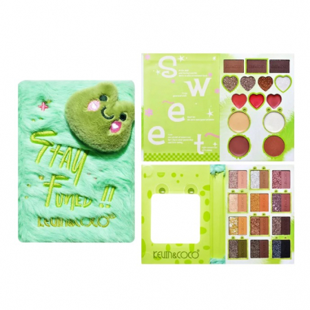Farduri si Accesorii Engros - Set de Machiaj Kevin&Coco, 38 culori, Fard Ochi, Iluminatoare si Contouring, Husa Pufoasa, Model Broscuta, 17.3x12.5x5 cm, Multicolor