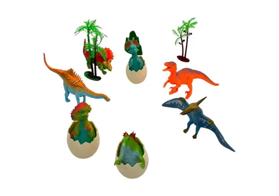 Articole pentru copii Engros - Set dinozauri cu oua si decor – figurine 7-8 cm, jucarie educativa pentru copii, tematica preistorica, 