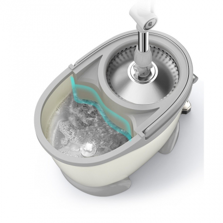 Set Galeata cu Pedala si Mop Rotativ 360°, , Cu Actiune Centrifuga x4, Pentru Uz Casnic, Maner din Otel Inoxidabil Telescopic, 2 Capte din Bumbac, 46x30x28 cm, Alb Ivoir [5]