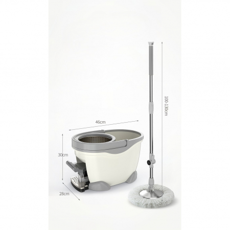 Set Galeata cu Pedala si Mop Rotativ 360°, , Cu Actiune Centrifuga x4, Pentru Uz Casnic, Maner din Otel Inoxidabil Telescopic, 2 Capte din Bumbac, 46x30x28 cm, Alb Ivoir [6]