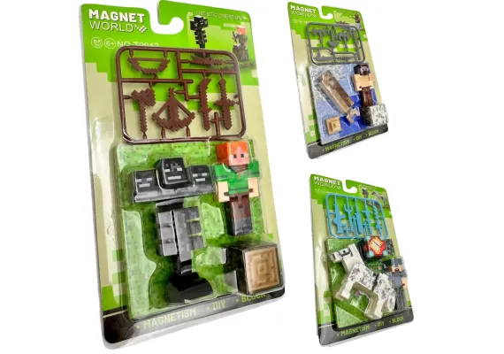 Articole pentru copii Engros - Set jucarie tip pixel cu figurina, animale, blocuri si arme – constructie magnetica pentru copii 6+ inspirata din jocuri video populare, ideal pentru colectionat si joaca creativa, 