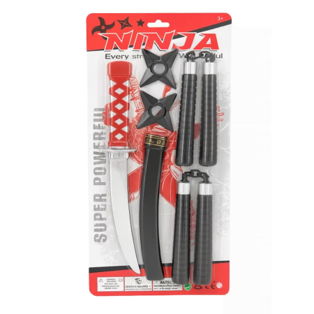 Jucarii de rol, Scule si unelte - Set Ninja pentru Copii – Sabie, Nunchaku si Stele Ninja – 44x22 cm