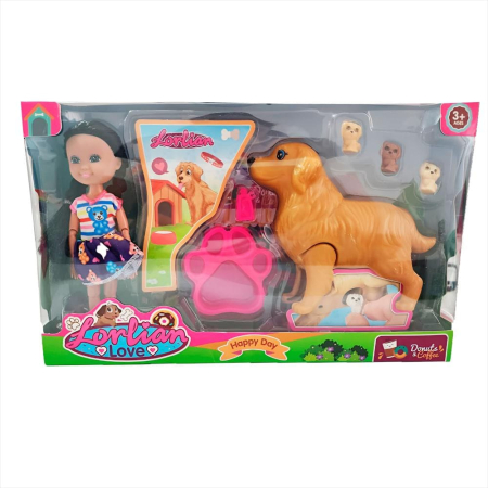 Papusi si accesorii Engros - Set papusa cu catel si puiuti – accesorii ingrijire, bol labuta, 3+ ani, 28x18cm