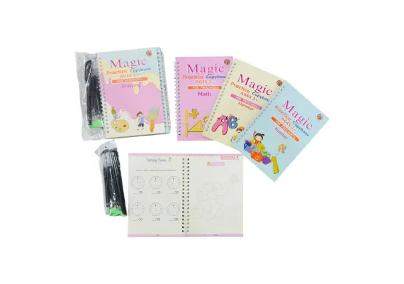 Set pentru initierea copiilor in scriere cu 4 caiete speciale, pix si rezerve, 19×13cm, 
