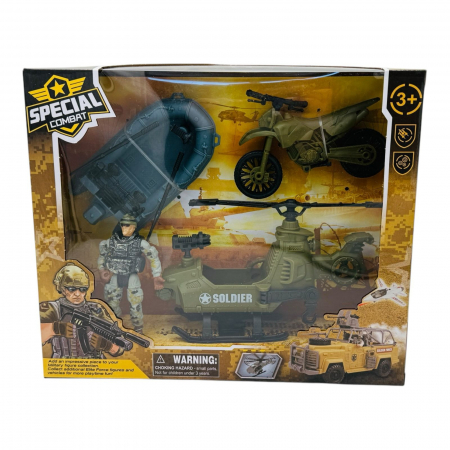 Set Special Combat - Barca Militara, Motocicleta, Elicopter si Figurina Soldat, 27×23×7cm  [2]