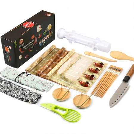 Articole pentru Casa Engros - Set Ustensile pentru Sushi, , Set din 24 Accesorii pentru Sushi, Set pentru Sushi HOME MADE, Cutit Inclus, Forme, Betisoare, Multicolor
