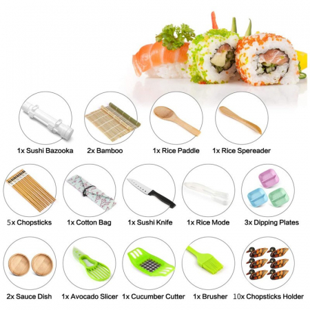 Set Ustensile pentru Sushi, , Set din 31 Accesorii pentru Sushi, Set pentru Sushi HOME MADE, Cutit Inclus, Forme, Betisoare, Multicolor [2]