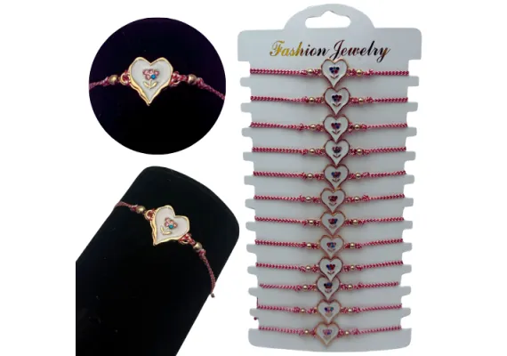 Bacanie Engros - Set12 Bratari Martisor Inimioara cu o floricica, cu margele, snur reglabil 