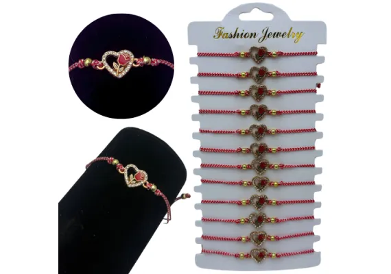 Bacanie Engros - Set12 Bratari Martisor Inimioara cu o floricica, cu margele, snur reglabil 