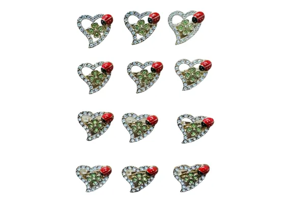 Bacanie Engros - Set12 Brose Martisor marime mica, 3.5cm, Inimioara cu Buburuza si Trifoi 