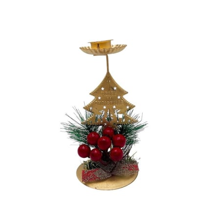 Decoratiuni si ornamente de Craciun Engros - Sfesnic metalic Craciun cu bradut auriu – 1 loc pentru tealight, decor masa/semineu, 16x8cm