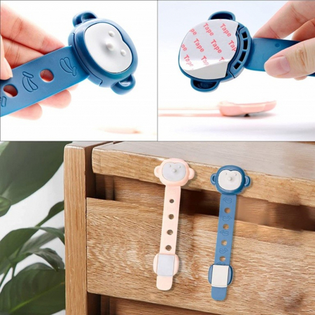 Siguranta pentru Usi Copii, , Sistem de Blocare Sertare, Dulap, Frigider, Adeziv, cu Sistem de Inchidere Dublu, Model Maimutica, Albastru [4]