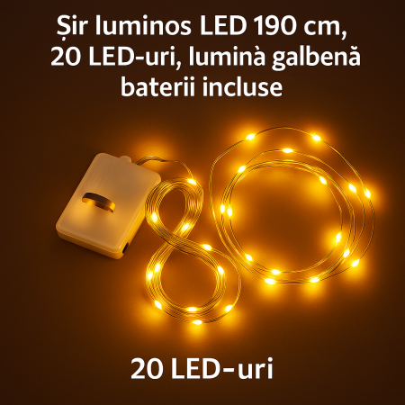Instalatii de Craciun Engros - Sir luminos LED 190 cm, 20 LED-uri, lumina galbena, baterii incluse