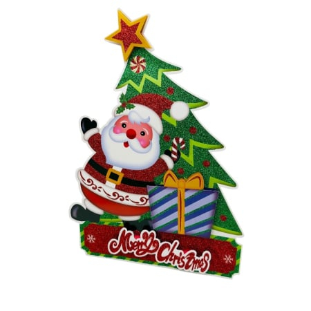 Decoratiuni de Craciun Engros - Sticker decorativ Craciun brad 3D cu Mos Craciun si cadou 40x28 cm