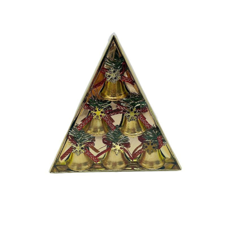 Articole de Craciun Engros - Set 6 clopotei metalici aurii – cu snur de agatare, ambalaj triunghiular – pentru brad, coronite si ghirlande, 18.5x18.5cm