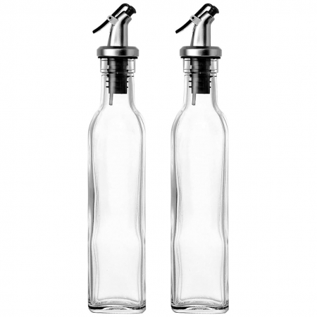 Sticle si Borcane de Ulei de Masline, , Dozator Set 4 Bucati, 2 Sticle cu Dispenser 500 ml/buc, 2 Borcane pentru Condimente cu Capac si Lingura 120ml/buc, Transparent [2]