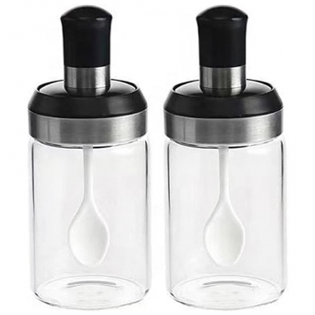 Sticle si Borcane de Ulei de Masline, , Dozator Set 4 Bucati, 2 Sticle cu Dispenser 500 ml/buc, 2 Borcane pentru Condimente cu Capac si Lingura 120ml/buc, Transparent [3]