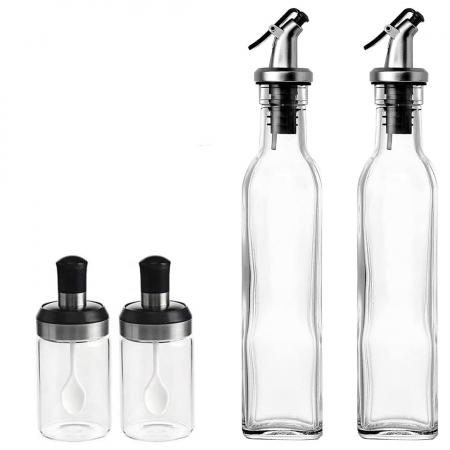Articole pentru Casa Engros - Sticle si Borcane de Ulei de Masline, , Dozator Set 4 Bucati, 2 Sticle cu Dispenser 500 ml/buc, 2 Borcane pentru Condimente cu Capac si Lingura 120ml/buc, Transparent
