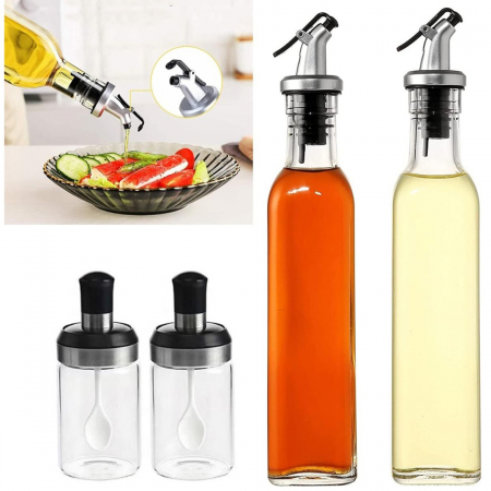 Sticle si Borcane de Ulei de Masline, , Dozator Set 4 Bucati, 2 Sticle cu Dispenser 500 ml/buc, 2 Borcane pentru Condimente cu Capac si Lingura 120ml/buc, Transparent [4]