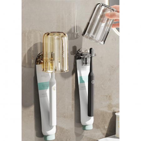 Suport Multifunctional 2 in 1, Pahar si Suport pentru Periuta de Dinti, , Plastic, Dimensiune: 10.4 x 7.3 x 7.3 cm, Albastru [2]