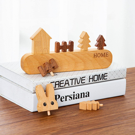 Suport pentru Chei, , din Lemn, Aplicare fara Perforare, Adeziv Inclus, 5 Carlige Albe, Model Casuta, Greutate Suportata 5 kg, 13.5 x 23 cm, Maro [5]