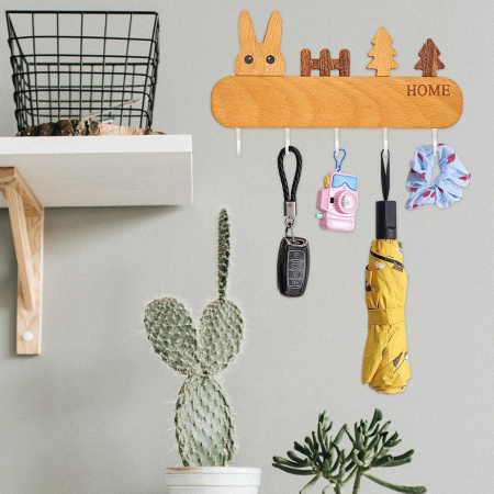 Suport pentru Chei, , din Lemn, Aplicare fara Perforare, Adeziv Inclus, 5 Carlige Albe, Model Iepure, Greutate Suportata 5 kg, 13.5 x 22 cm, Maro [6]