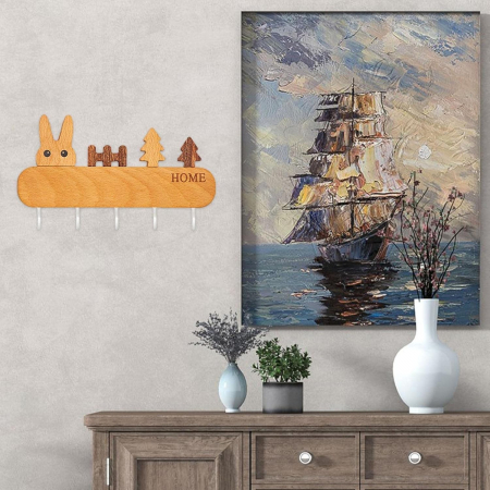 Suport pentru Chei, , din Lemn, Aplicare fara Perforare, Adeziv Inclus, 5 Carlige Albe, Model Iepure, Greutate Suportata 5 kg, 13.5 x 22 cm, Maro [5]