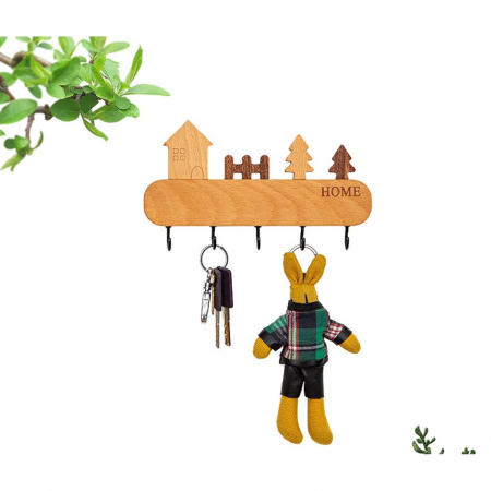 Suport pentru Chei, , din Lemn, Aplicare fara Perforare, Adeziv Inclus, 5 Carlige Negre, Model Casuta, Greutate Suportata 5 kg, 13.5 x 23 cm, Maro [1]