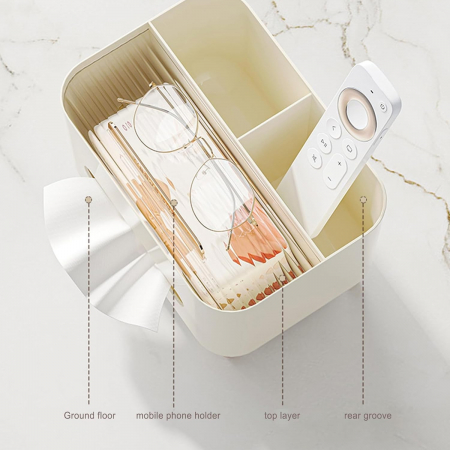 Suport pentru Servetele, , Cutie Multifunctionala, Design Minimalist, ABS, cu Suport pentru Obiectele Personale, pentru Birou, 21x15x13 cm, Crem [6]