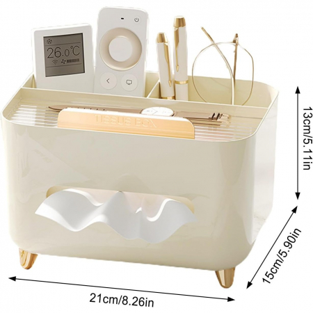 Suport pentru Servetele, , Cutie Multifunctionala, Design Minimalist, ABS, cu Suport pentru Obiectele Personale, pentru Birou, 21x15x13 cm, Crem [4]