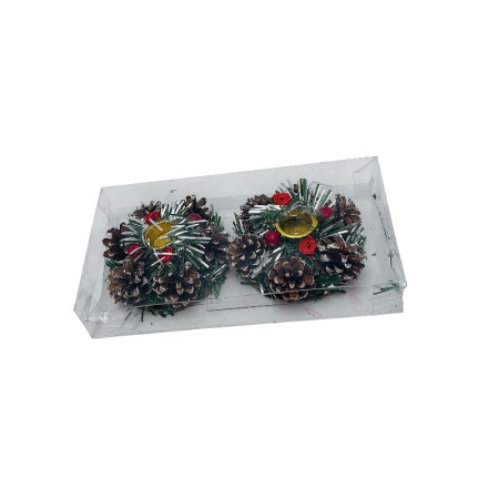 Set  2 suporturi rotunde pentru lumanare cu conuri de brad si bobite – tip coronita, compatibil tealight, ambalat in cutie transparenta 21x11x3.5cm [1]