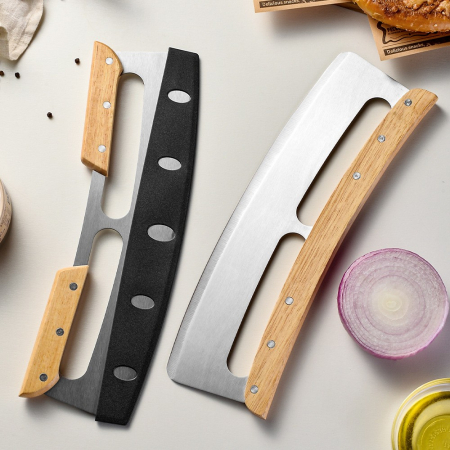 Taietor Feliator de Pizza, , din Otel Inoxidabil, cu Capac, Maner din Lemn, Antialunecare, Lama Neteda si Ascutita, 34x10 cm, Maro [9]