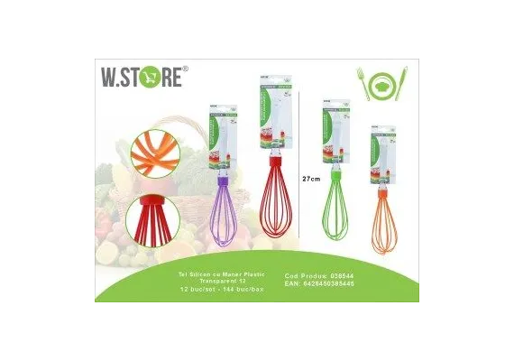 Articole pentru Casa Engros - Tel din silicon 27 cm cu maner din plastic transparent – Ustensila flexibila pentru mixare, batut oua si creme in bucatarie, 