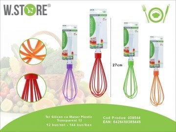 Tel din silicon 27 cm cu maner din plastic transparent – Ustensila flexibila pentru mixare, batut oua si creme in bucatarie,  [1]