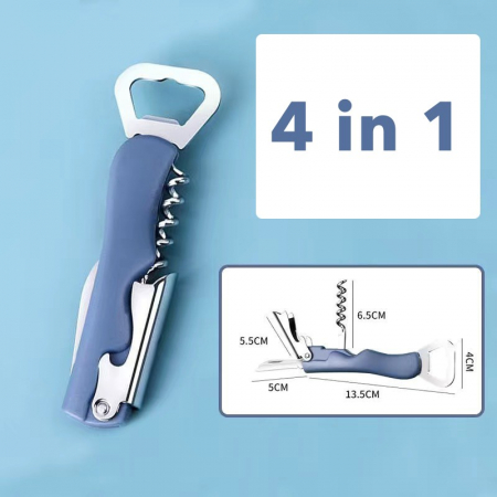 Tirbuson de Sticle 4 in 1, , Desfacator de Sticle Multifunctional, din Inox cu Maner Anti Alunecare, 13.5 x 4 cm Albastru [1]