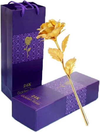 Aranjamente florale si cadouri - Trandafir decorativ auriu in cutie eleganta, cadou premium cu punguta inclusa