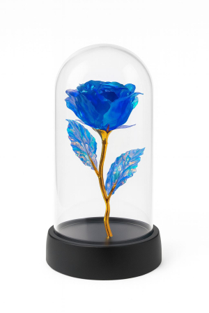 Idei de Cadouri Engros - Trandafir Etern in Cupola Plastic 15 cm Lumini LED – Albastru Baterii Incluse Cutie Cadou