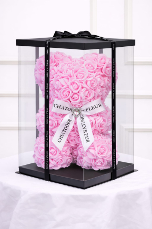 Urs din trandafiri artificiali roz deschis din spuma poliuretanica, in cutie transparenta [1]
