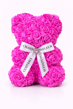 Aranjamente florale - Urs din trandafiri artificiali roz din spuma poliuretanica, in cutie transparenta