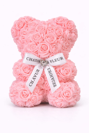 Aranjamente florale - Urs din trandafiri artificiali roz somon din spuma poliuretanica, in cutie transparenta