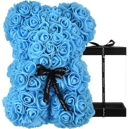 Ursulet decorativ Albastru 23cm din trandafiri spuma cu fundita si cutie cadou [1]