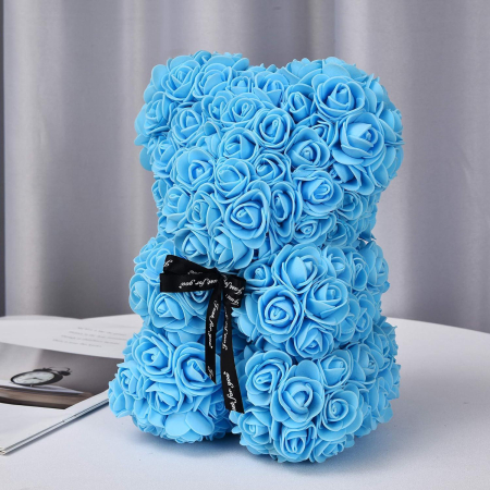 Ursulet decorativ Albastru 23cm din trandafiri spuma cu fundita si cutie cadou