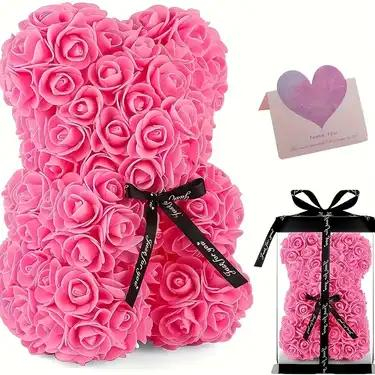 Ursulet decorativ Fucsia 23cm din trandafiri spuma cu fundita si cutie cadou [1]