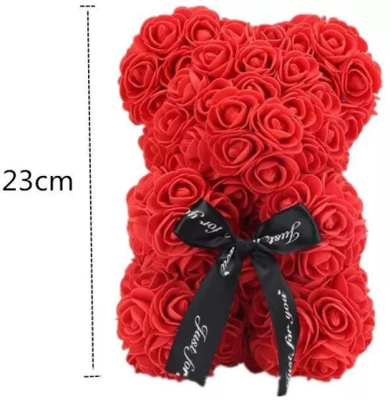 Bacanie Engros - Ursulet decorativ Rosu 23cm din trandafiri spuma cu fundita si cutie cadou